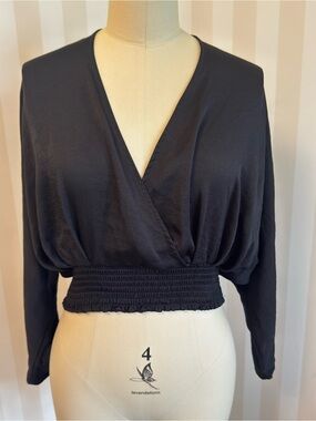 Express Black V-Neck Smocked-Waist Crop Top